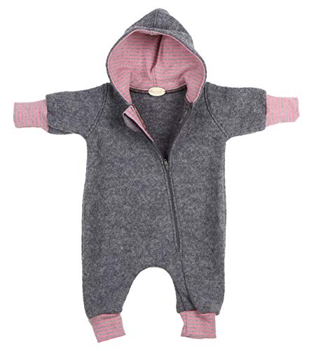 Lilakind“ Baby Wollwalk Overall Einteiler mit Kapuze Walkloden Walkoverall Grau Meliert Rosa Gr. 86/92 - Made in Germany